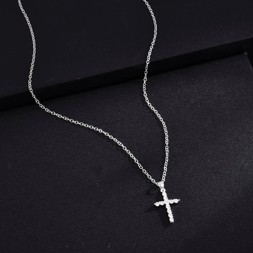 Simple Love Cross Pendant Choker Necklace Charm Rhinestone Couples Jewelry Women's Neck Chain Christmas Gift Lady Necklace