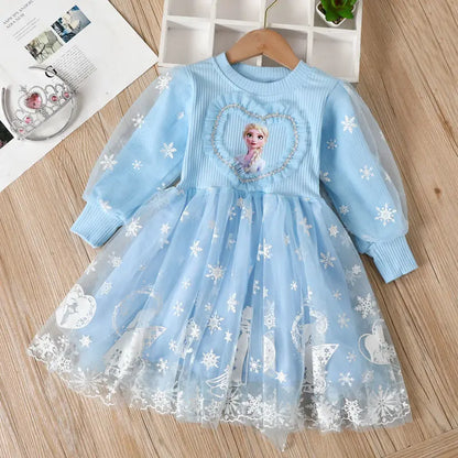 Disney Elsa Princess Dress Girl Dress Up Spring Autumn Long-sleeve Clothes Kids Gauzed Children Frozen Elsa Birthday Party Dress