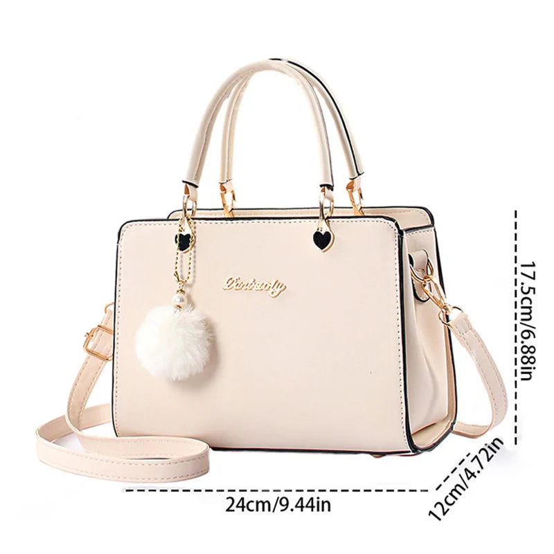 Elegant PU Shoulder Bag Fashionable Large Capacity Women Bag  Plush Ball Decor Handbag Simple Casual Crossbody Bag