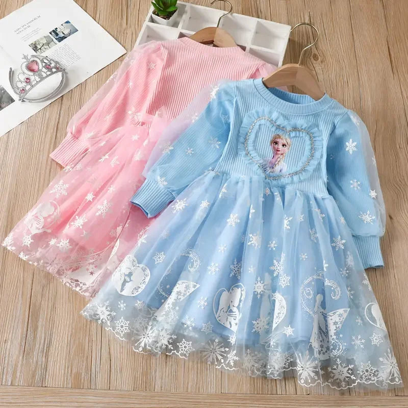 Disney Elsa Princess Dress Girl Dress Up Spring Autumn Long-sleeve Clothes Kids Gauzed Children Frozen Elsa Birthday Party Dress