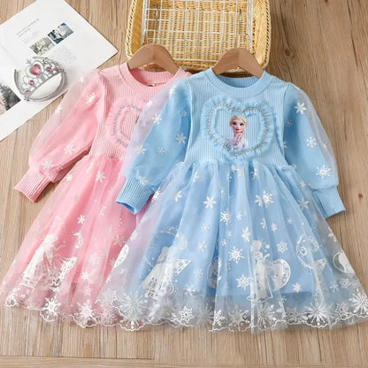 Disney Elsa Princess Dress Girl Dress Up Spring Autumn Long-sleeve Clothes Kids Gauzed Children Frozen Elsa Birthday Party Dress