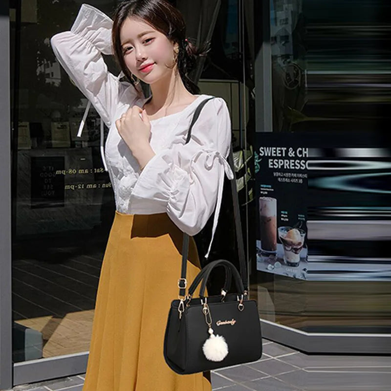 Elegant PU Shoulder Bag Fashionable Large Capacity Women Bag  Plush Ball Decor Handbag Simple Casual Crossbody Bag