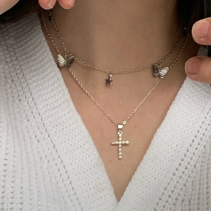 Simple Love Cross Pendant Choker Necklace Charm Rhinestone Couples Jewelry Women's Neck Chain Christmas Gift Lady Necklace