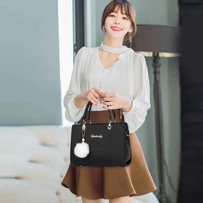 Elegant PU Shoulder Bag Fashionable Large Capacity Women Bag  Plush Ball Decor Handbag Simple Casual Crossbody Bag