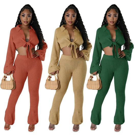 2Pcs Outfits Sexy Long Sleeve Crop Tops + Pants Women Clothes Set Casual Slim Fit Matching Loungewear Streetwear