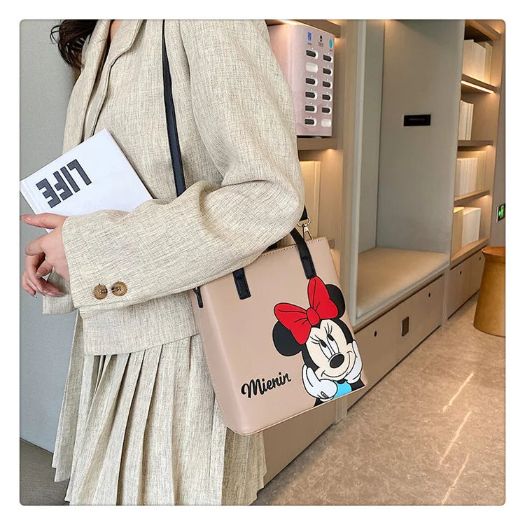 MINISO Disney 2023 Mickey Print Casual Simple Fashion Trend One Shoulder Portable PU Small Square Bag Messenger Bag for Women