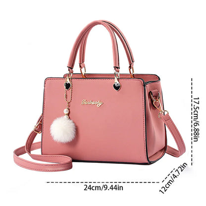 Elegant PU Shoulder Bag Fashionable Large Capacity Women Bag  Plush Ball Decor Handbag Simple Casual Crossbody Bag