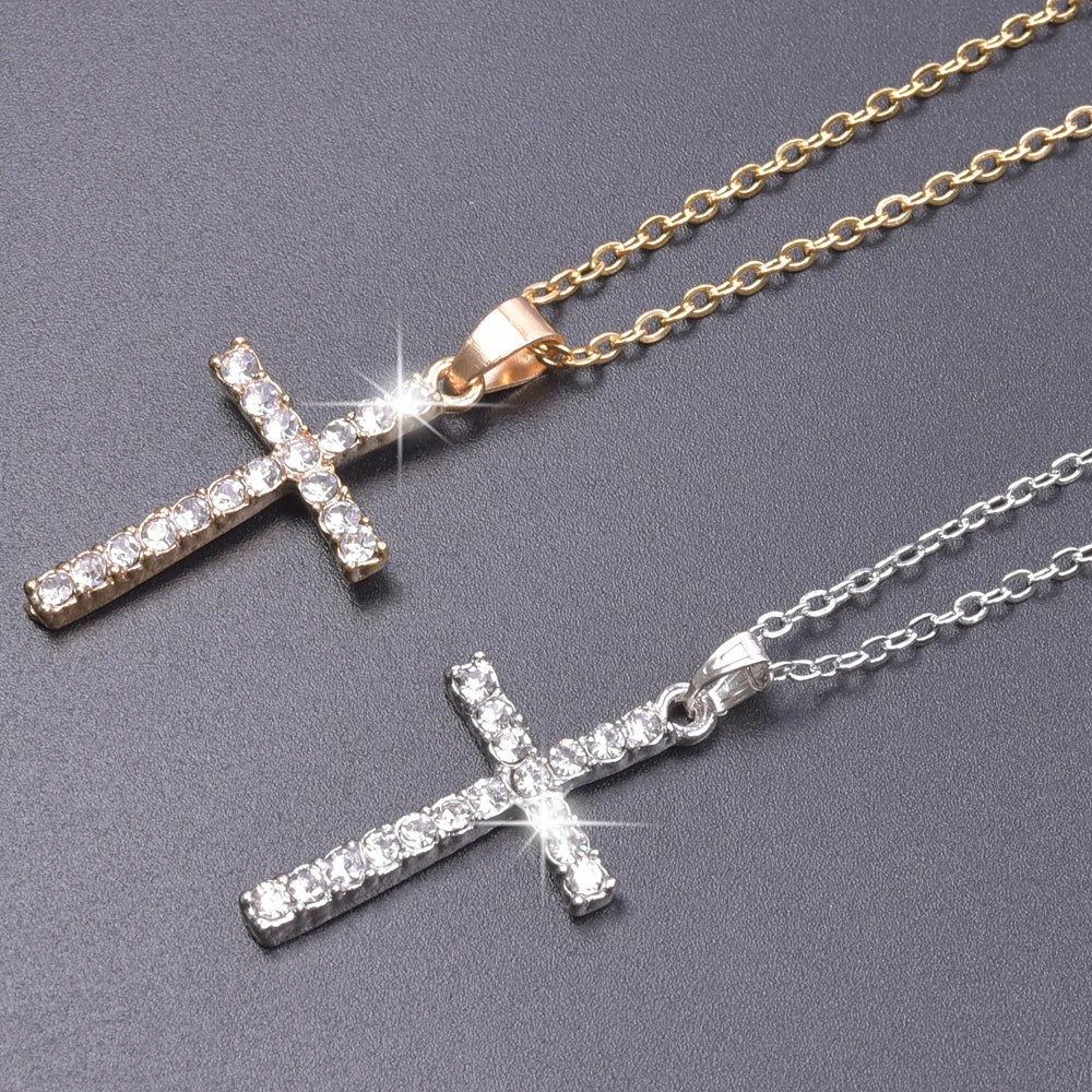 Women Necklace Jewelry Chain Fashion Cross With Rhinestone Pendant Necklace Stainless Steel Choke Ring Women Accessories New