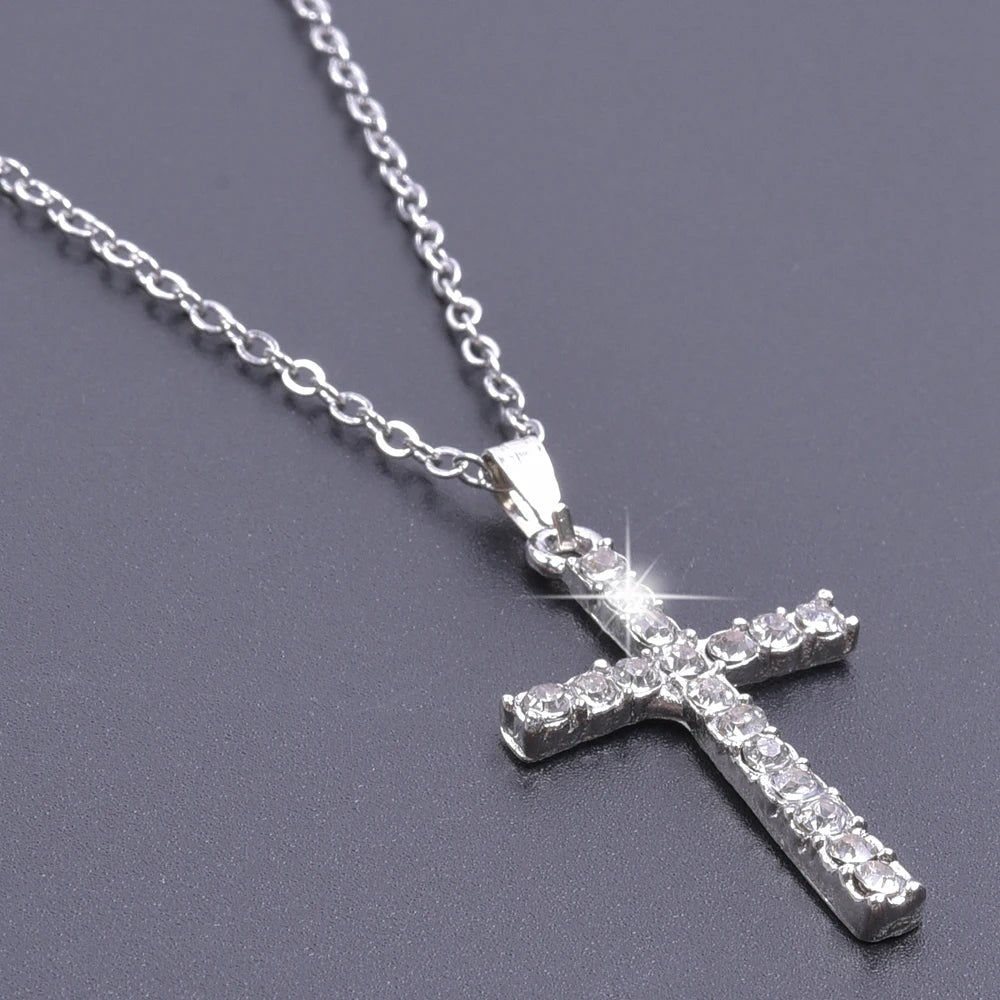 Women Necklace Jewelry Chain Fashion Cross With Rhinestone Pendant Necklace Stainless Steel Choke Ring Women Accessories New