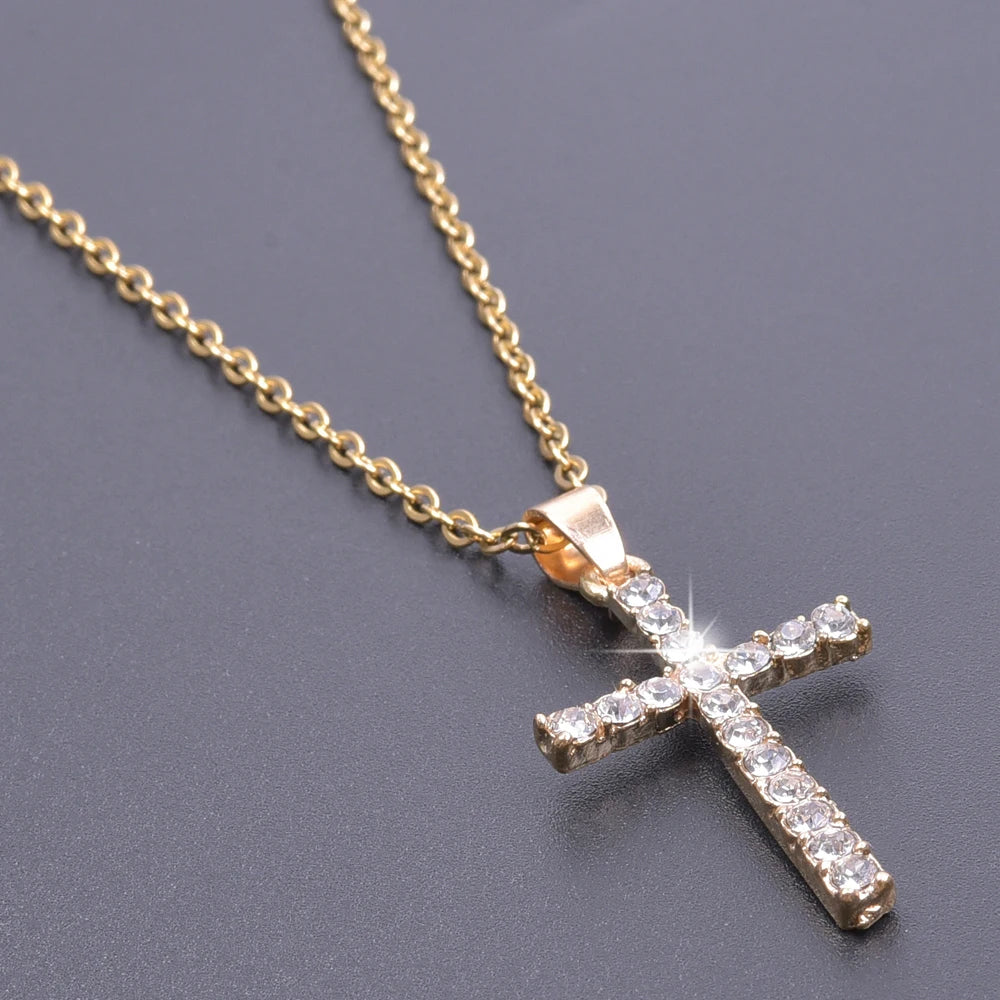 Women Necklace Jewelry Chain Fashion Cross With Rhinestone Pendant Necklace Stainless Steel Choke Ring Women Accessories New