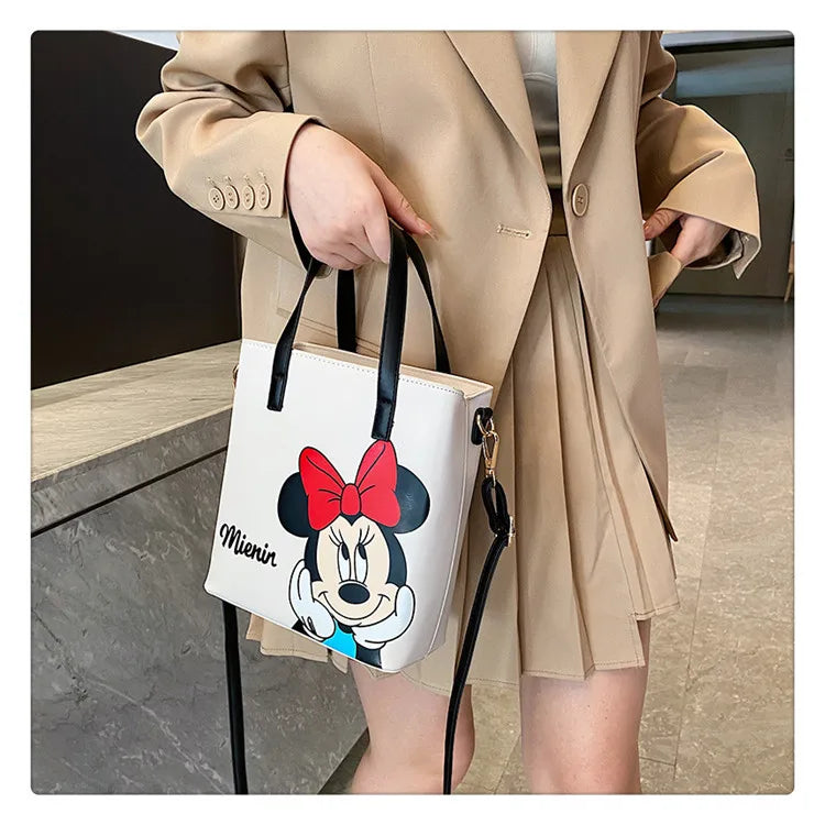 MINISO Disney 2023 Mickey Print Casual Simple Fashion Trend One Shoulder Portable PU Small Square Bag Messenger Bag for Women