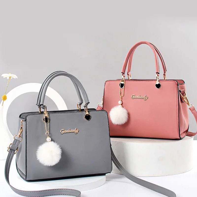 Elegant PU Shoulder Bag Fashionable Large Capacity Women Bag  Plush Ball Decor Handbag Simple Casual Crossbody Bag