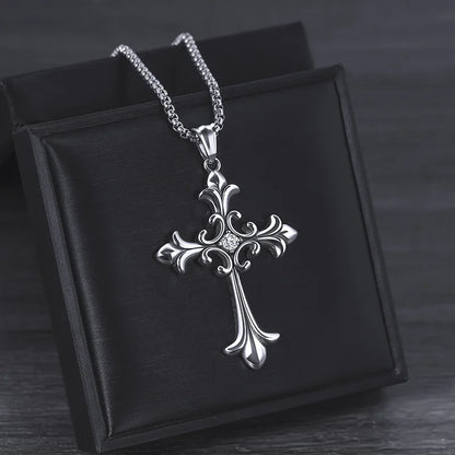 Gothic Style Retro Rhinestone Cross Stainless Steel Pendant ins Hip-Hop Men's Fashion Personality Versatile Necklace Accessories