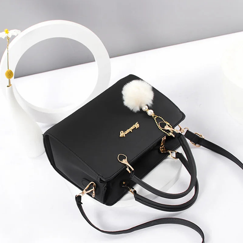 Elegant PU Shoulder Bag Fashionable Large Capacity Women Bag  Plush Ball Decor Handbag Simple Casual Crossbody Bag