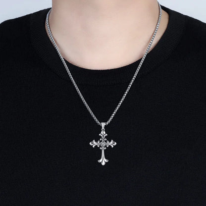 Gothic Style Retro Rhinestone Cross Stainless Steel Pendant ins Hip-Hop Men's Fashion Personality Versatile Necklace Accessories