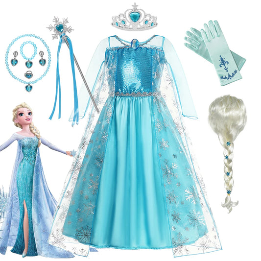 Girls Elsa Princess Dresses Carnival Party Gown Cloak Children Birthday Cosplay Costume Frozen Dress Kids Snow Queen Clothes