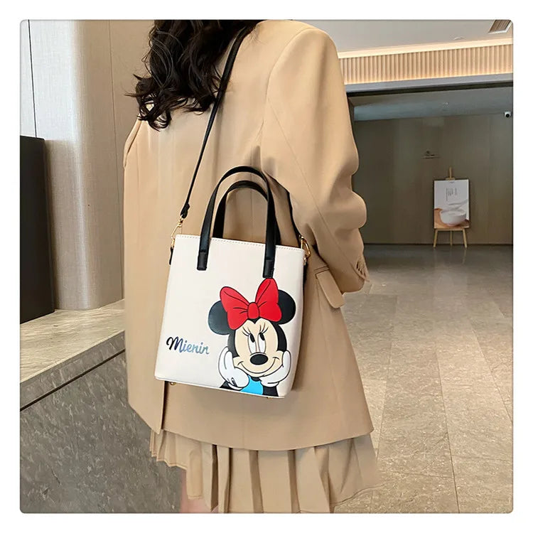 MINISO Disney 2023 Mickey Print Casual Simple Fashion Trend One Shoulder Portable PU Small Square Bag Messenger Bag for Women